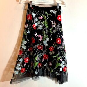 EVA FRANCO Sz 0 A-Line Sheer Layer With Floral Embroidery Midi Length Skirt